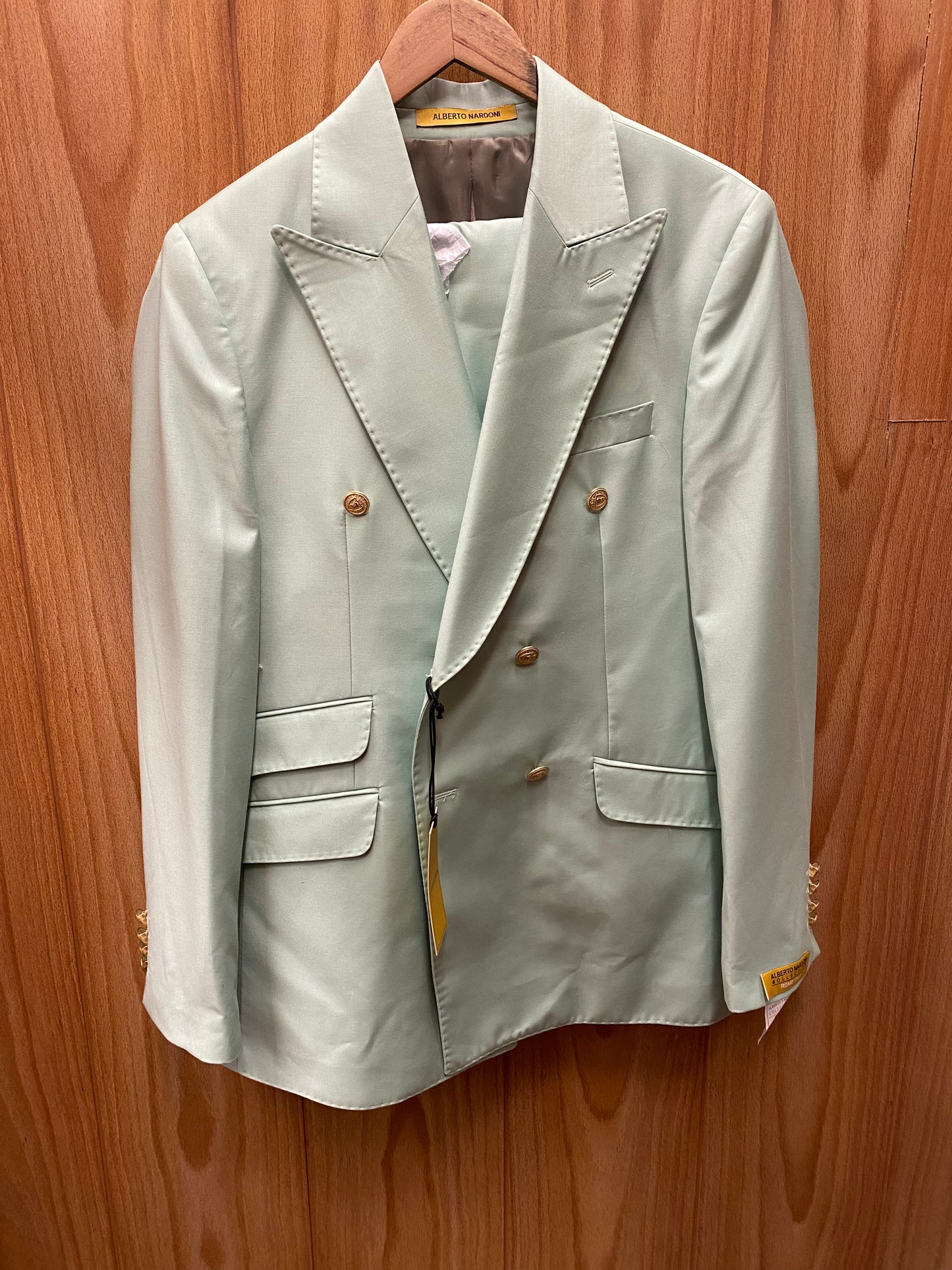 Alberto Nardoni Light Green Slim Fit European Double Breasted Suit with Gold Buttons