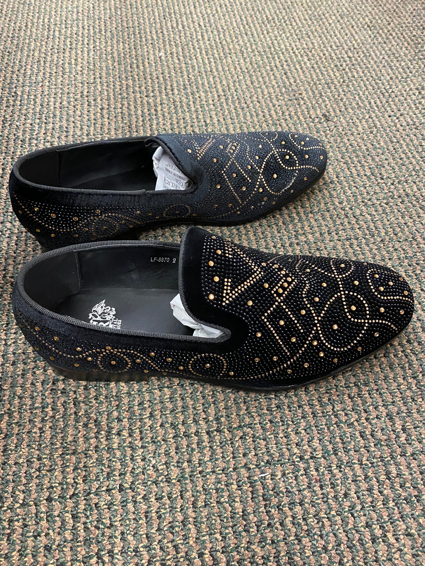 Royal Shoes Black/Gold Rhinestones Smoking Slip-on Red Bottom Men’s Dress Shoes LF-8870 Sizes 8-13