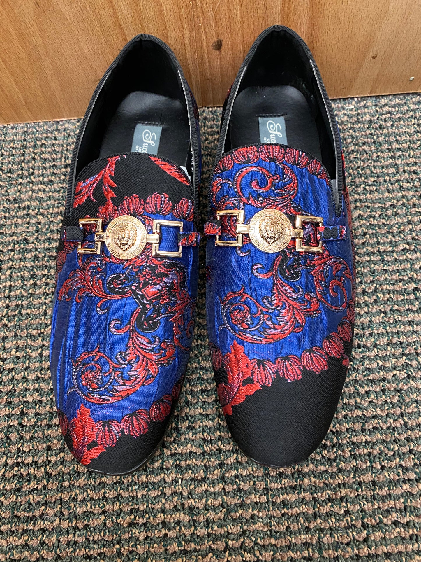 Successos Rblue/Red brocade print red bottom slip-on dress shoes sizes 7-15