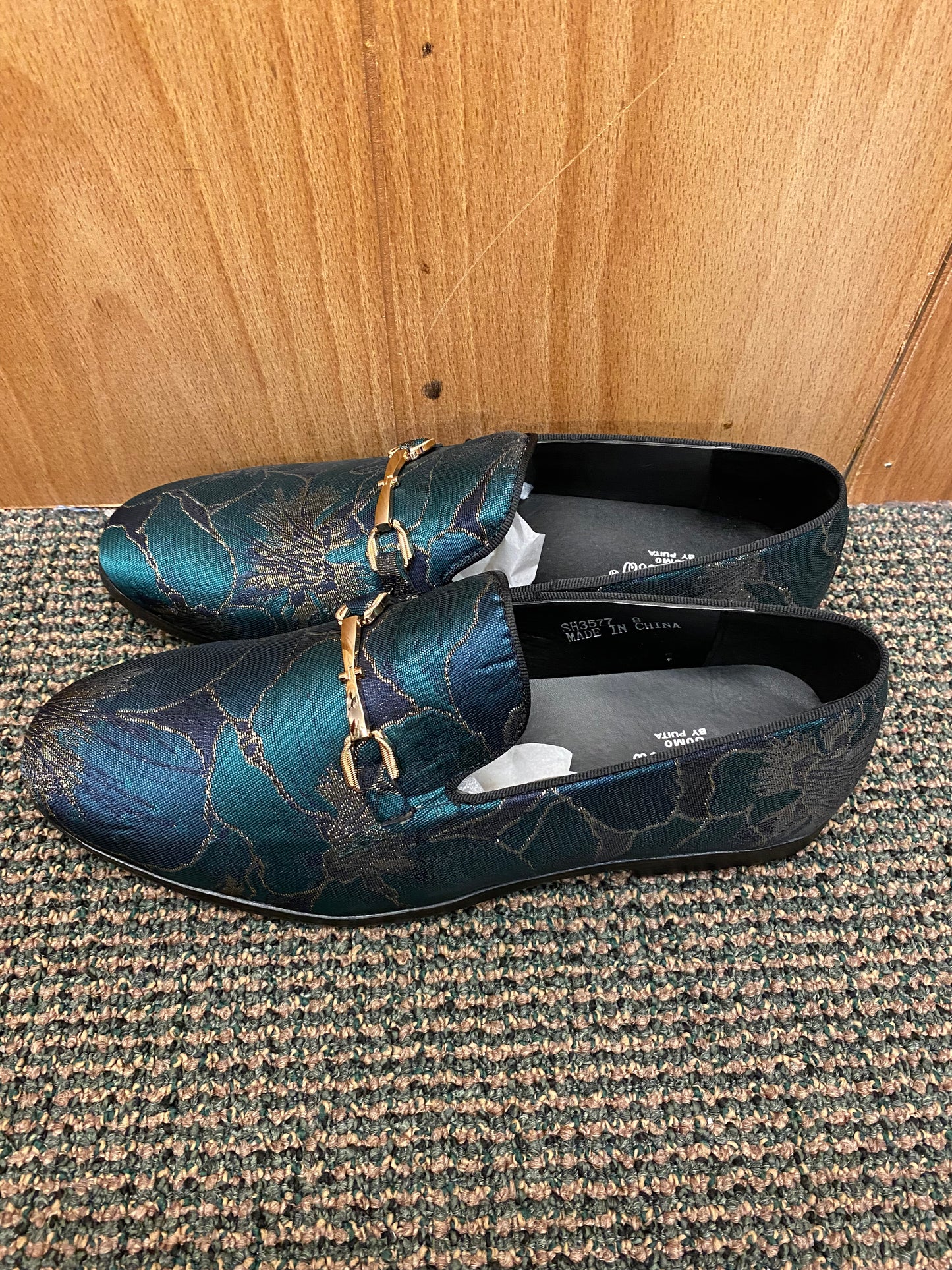 Success Green/Gold Floral Print Men's Smoking Slip-on Red Bottom Dress Shoes