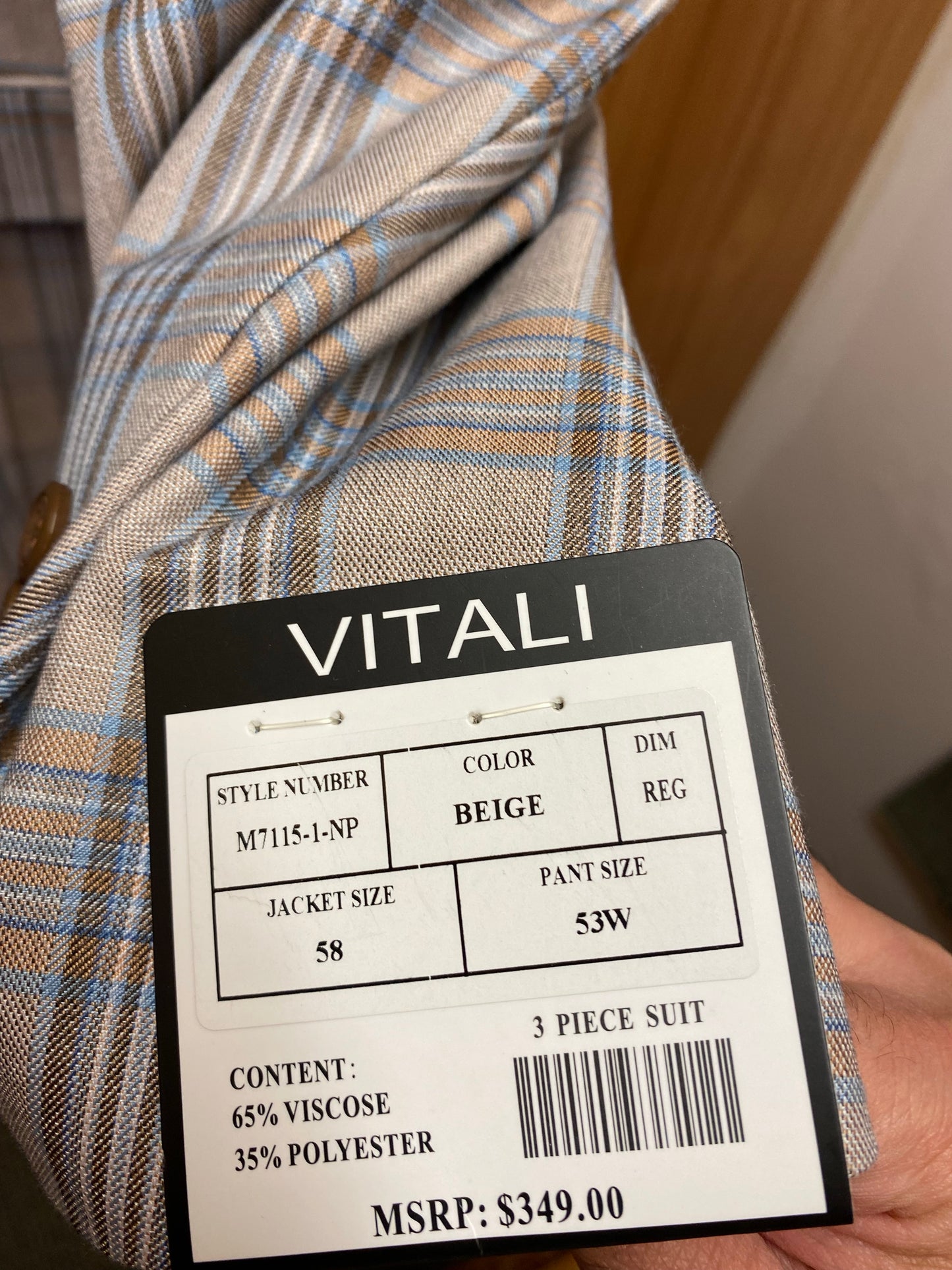 Vitali Beige Plaid 3-Piece Suit 58R M7115-1-NP