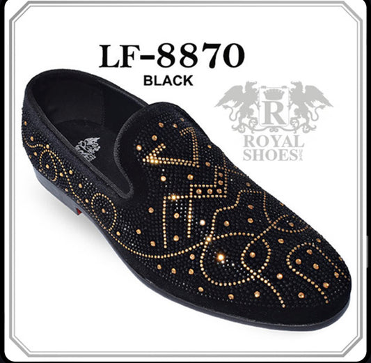 Royal Shoes Black/Gold Rhinestones Smoking Slip-on Red Bottom Men’s Dress Shoes LF-8870 Sizes 8-13