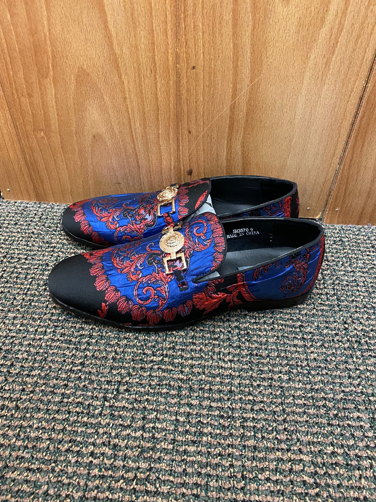 Successos Rblue/Red brocade print red bottom slip-on dress shoes sizes 7-15