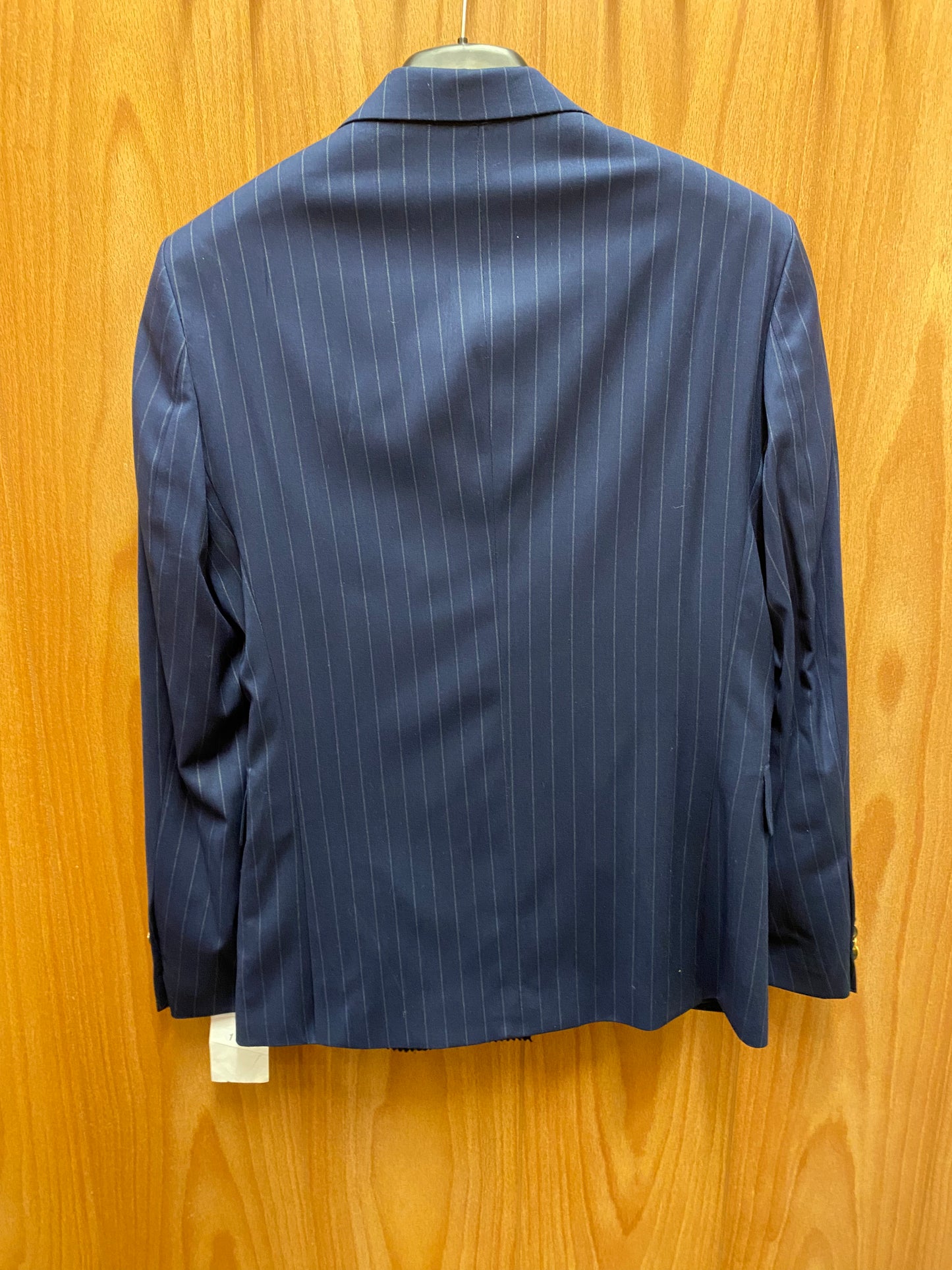 Moda Color Navy Blue Pinstripe Slim Fit European Double Breasted Suit with Gold Buttons