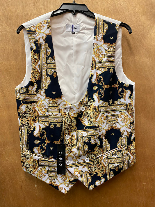 Cielo Double Breasted Low Cut White/Black Versace Print Slim Fit Vest S-4XL