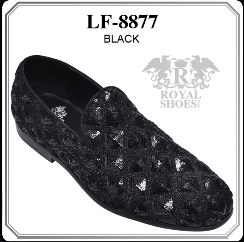 Royal Shoes Black Sequins Smoking Slip-on Red Bottom Men’s Dress Shoes LF-8877 Sizes 8-13