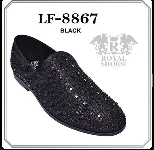 Royal Shoes Black Rhinestones & Studs Smoking Slip-on Red Bottom Men’s Dress Shoes LF-8867 Sizes 8-13